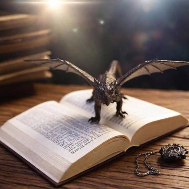 A high-resolution digital photograph depicting a tabletop role-playing scene. The focal point is a detailed dragon figurine with extended wings, poised on an open book with map illustrations. Surrounding the dragon are polyhedral dice, primarily in clipart