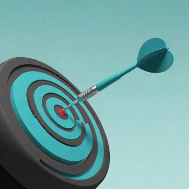 A high-resolution digital artwork featuring a single dart perfectly hitting the bullseye of a target. The dart, designed in a sleek turquoise color with aerodynamic fins and a metallic grip, pierces through the central circle of the target clipart