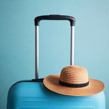 A high-resolution ultrarealistic image depicting a blue, textured hard-shell suitcase with an extended telescopic handle against a solid light blue background. Resting on the top of the suitcase is a straw hat with a black band. The suitcase's clipart