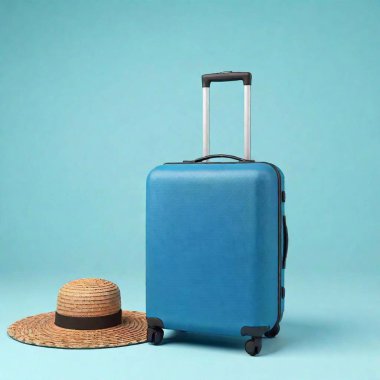 A high-resolution ultrarealistic image depicting a blue, textured hard-shell suitcase with an extended telescopic handle against a solid light blue background. Resting on the top of the suitcase is a straw hat with a black band. The suitcase's clipart