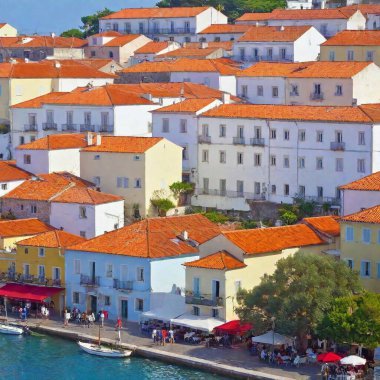 A high-resolution ultrarealistic image. A vibrant, colorful coastal cityscape featuring numerous densely packed buildings in varying pastel hues with red-tiled roofs, showcasing the distinctive architecture. A prominent church tower rises against a clipart