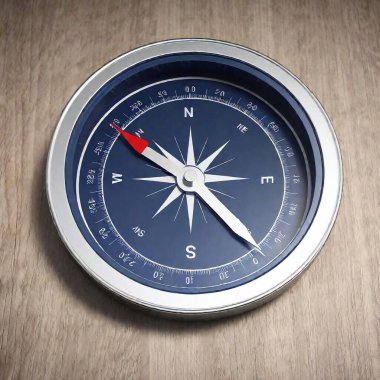 A high-resolution digital artwork of a close-up compass. The detailed compass features a sleek, modern design with a metallic silver pointer and intricate blue directional markers. The compass rests against a textured, light-wood surface, adding a clipart