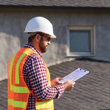 A high-resolution ultrarealistic image captures a construction worker inspecting a house roof. The digital photograph shows a bearded man in a white hard hat and a neon orange safety vest with reflective stripes, standing by the roof edge. He is clipart