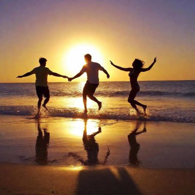 A high-resolution ultrarealistic image captures four people joyfully jumping in the air along a serene beach at sunset. The photograph, bathed in warm hues of orange and yellow, showcases the vibrant energy and happiness of the subjects silhouetted clipart