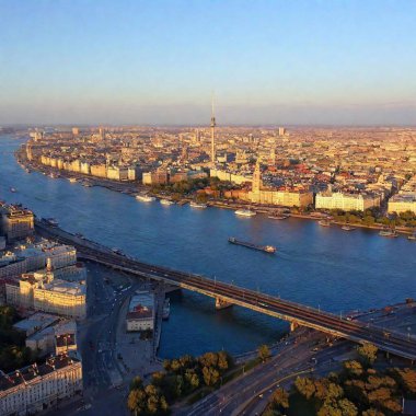 A high-resolution photo of a vibrant cityscape features a well-known city's skyline at sunset. Prominent structures include a towering TV tower at the center, a historic cathedral with a large dome on the left, and modern buildings scattered around clipart