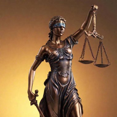 A high-resolution ultrarealistic image of a bronze statue of Lady Justice. This digital artwork captures the statue with exquisite detail: she is blindfolded, symbolizing impartiality, and holds a set of scales in her right hand representing justice clipart