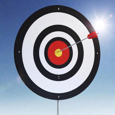 A high-resolution ultrarealistic image depicting an archery target in a dynamic scene. This digital artwork showcases a series of arrows in mid-flight, focused on a bullseye center target with concentric black, white, and red rings. The bright clipart