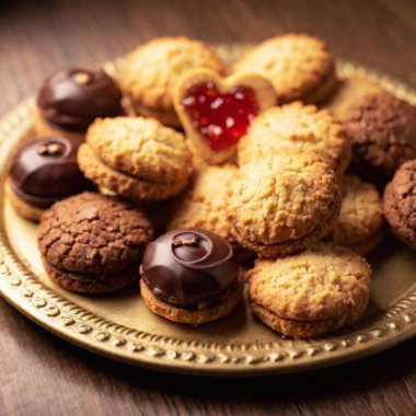 A high-resolution ultrarealistic image of a festive assortment of cookies and pastries arranged intricately on a golden tray. This photograph features varied cookie designs: heart-shaped with red jelly centers, star-shaped with orange jelly centers clipart