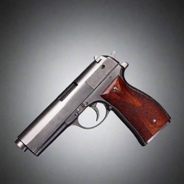 A high-resolution ultrarealistic image of a classic semi-automatic pistol, meticulously detailed with photographic precision. The handgun is positioned horizontally, facing left, capturing the entire side profile. The gun is constructed of sleek clipart