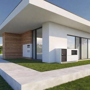 A high-resolution ultrarealistic image of a modern home exterior. The digital artwork captures a sleek heat pump system mounted on a concrete pad against a clean gray wall. The heat pump features a white body with a central black circular vent. On clipart