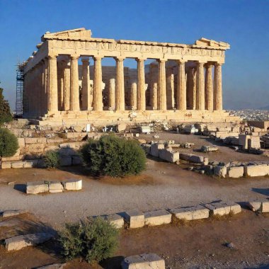 A high-resolution ultrarealistic image captures the majestic Acropolis of Athens, showcasing its ancient splendor. This digital photograph features the iconic Parthenon atop a rugged hill, bathed in warm afternoon sunlight, casting soft shadows that clipart