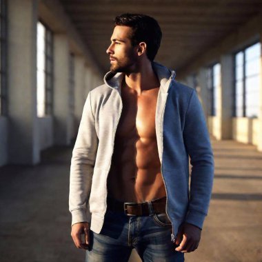 A high-resolution ultrarealistic image depicting a strong, fit, and stoic man standing confidently in a dimly lit industrial setting. This is digital art and shows the man wearing a grey, unzipped hoodie that reveals his defined abs and muscular clipart