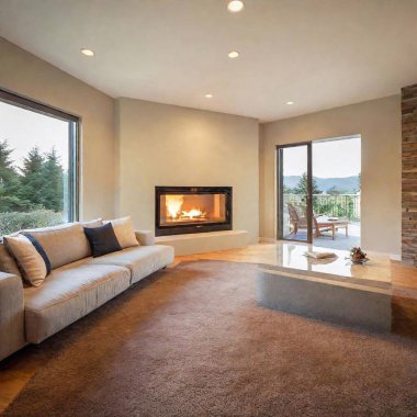 A high-resolution photo of a spacious, carpeted basement room. The room features warm, beige walls and recessed ceiling lights creating a soft, inviting atmosphere. On the right, there is a cozy fireplace with a fire gently burning, surrounded by a clipart