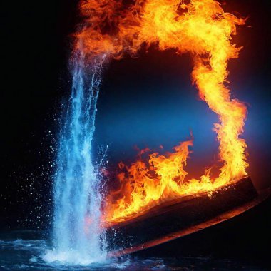 A high-resolution digital artwork featuring a dramatic clash between fire and water elements. The left side showcases intense, vibrant flames in shades of orange and red, depicted in hyper-realistic detail with dynamic shapes and glowing edges. On clipart