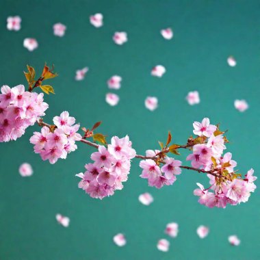 A high-resolution ultrarealistic image captures a branch of cherry blossoms in full bloom. The digital artwork emphasizes the rich textures and vibrant colors, showcasing numerous fluffy pink blossoms and green leaves against a muted teal background clipart