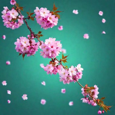 A high-resolution ultrarealistic image captures a branch of cherry blossoms in full bloom. The digital artwork emphasizes the rich textures and vibrant colors, showcasing numerous fluffy pink blossoms and green leaves against a muted teal background clipart