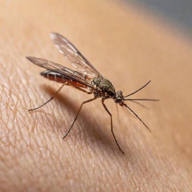 A high-resolution ultrarealistic image of a mosquito in sharp focus, captured through macro photography. The mosquito, with intricate details visible on its long, slender legs and segmented body, is shown perched on human skin. The black and white clipart