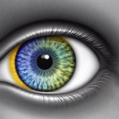 A high-resolution ultrarealistic image of a human eye. This digital artwork showcases an eye with a stunningly vibrant blue iris featuring intricate yellow and green patterns near the pupil. The black pupil is sharply contrasted against the bright clipart