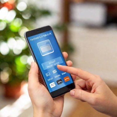 A high-resolution ultrarealistic image capturing a close-up of a person using a mobile wallet on a smartphone. The image shows a finger touching the screen to make a payment using Touch and Pay. The phone display features a digital credit card with clipart