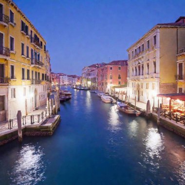 A high-resolution ultrarealistic image captures a mesmerizing evening scene of the Grand Canal in Venice. This digital photo showcases beautifully lit, historic Venetian buildings flanking the canal. The reflecting water highlights a vivid palette clipart