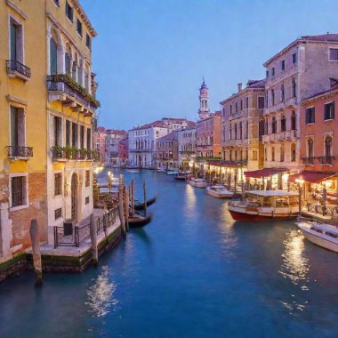 A high-resolution ultrarealistic image captures a mesmerizing evening scene of the Grand Canal in Venice. This digital photo showcases beautifully lit, historic Venetian buildings flanking the canal. The reflecting water highlights a vivid palette clipart