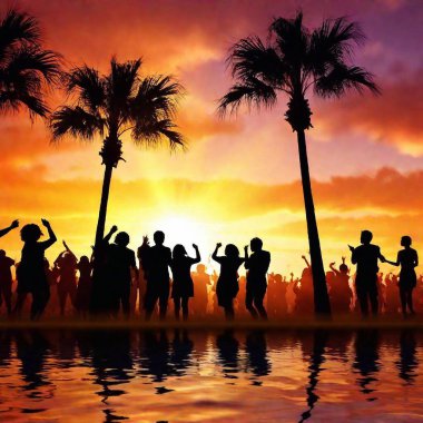 A high-resolution digital artwork depicts a vibrant beach party at sunset. Silhouettes of ecstatic people with raised arms dance under the palm trees, their energetic movements illuminated by the golden hues of a setting sun transitioning into a clipart