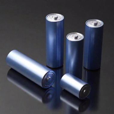 A high-resolution digital artwork featuring lithium-ion batteries. In the foreground, three cylindrical batteries are artistically arranged on a polished black surface, one upright and two laying down. The metallic sheen of the batteries reflects a clipart