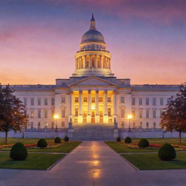 A high-resolution ultrarealistic digital artwork captures a majestic government building at twilight. The grand neoclassical structure, bathed in soft, ambient light, features a golden domed roof that reflects the vibrant hues of the sunset sky. The clipart