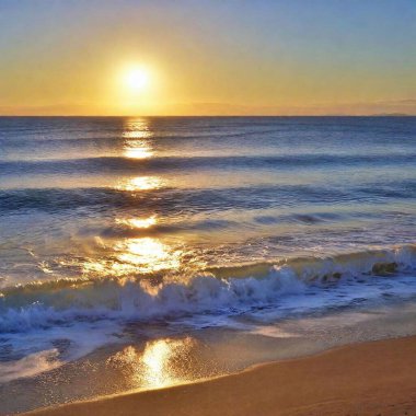 A high-resolution ultrarealistic image captures a serene beach scene at sunrise. The image depicts a pristine, golden sandy beach in the foreground, with gentle waves frothing at the shoreline under a clear, expansive blue sky. The sun, low on the clipart