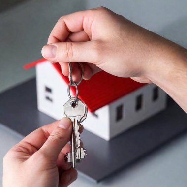 A high-resolution ultrarealistic image showcases a close-up of human hands in a professional, well-lit setting. One hand holds a small, intricately detailed model of a house featuring a grey roof and red and white walls. The other hand presents a clipart