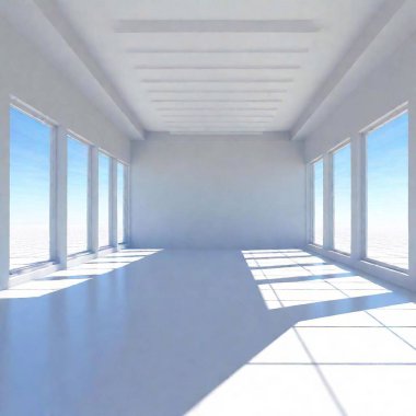 A high-resolution digital artwork of an empty, minimalist room. The room features large, floor-to-ceiling grid windows on the left side that allow natural light to flood in, casting sharp, geometric shadows on the polished white floor. The walls are clipart