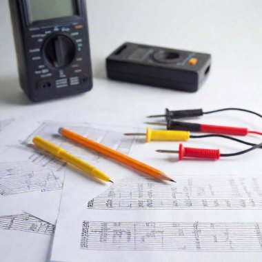 A high-resolution ultrarealistic image showcasing a meticulous electrical work setup. On a white background with professional technical diagrams, a blue multimeter occupies the left foreground, complete with red and black probes. To the right, an clipart