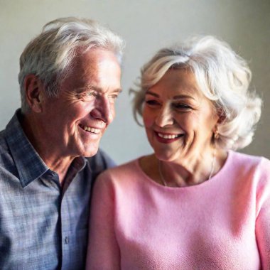 A high-resolution ultrarealistic image of a joyful elderly couple in natural daylight. This photo captures the close-up, smiling faces of an elderly man and woman. The man, on the left, is wearing a pink button-up shirt with embroidery, and the clipart