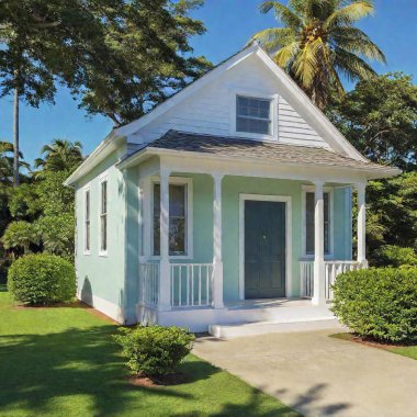 A high-resolution ultrarealistic image of a charming, light green beach house surrounded by lush tropical landscaping. The digital photo captures a vibrant scene where palm trees sway under a clear blue sky with scattered white clouds. The house clipart