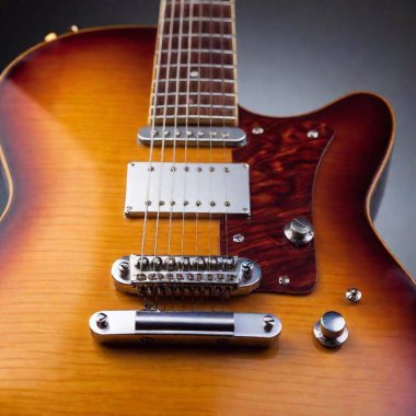 A high-resolution ultrarealistic image of a classic electric guitar, expertly captured in photographic detail. The guitar features a vibrant sunburst finish on the body, transitioning from deep amber to dark mahogany, with a smooth, polished surface clipart