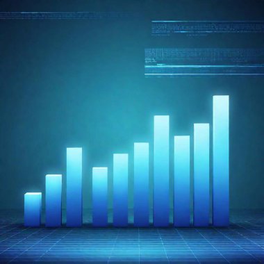 A high-resolution digital artwork featuring an ultrarealistic representation of various financial graphs and charts. The scene includes an ascending bar chart, a smooth line graph, and a segmented pie chart, all rendered in shades of blue. The clipart