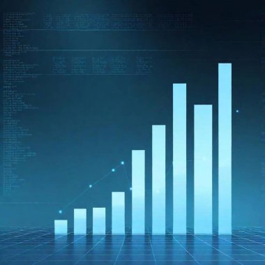 A high-resolution digital artwork featuring an ultrarealistic representation of various financial graphs and charts. The scene includes an ascending bar chart, a smooth line graph, and a segmented pie chart, all rendered in shades of blue. The clipart