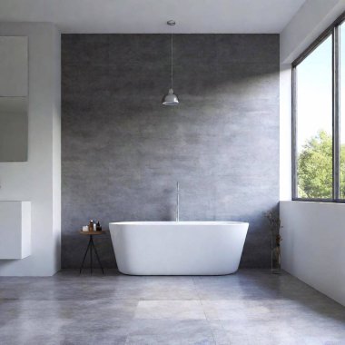 A high-resolution ultrarealistic image of a modern bathroom captured in photographic style. The scene features a minimalist design with concrete-gray wall tiles and a white bathtub embedded into an L-shaped stone structure. Adjacent to it is a glass clipart