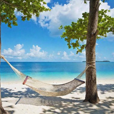 A high-resolution ultrarealistic image captures a serene beach setting with a vivid scene of a hammock tied between two lush green trees. The digital artwork showcases the hammock in intricate detail, with each woven thread visible. The turquoise clipart