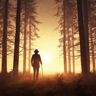 A high-resolution ultrarealistic digital artwork of a serene, misty forest at sunrise. A silhouetted figure stands on a gentle hill, holding a tall staff, facing the rising sun, casting long shadows. The scene is bathed in warm, golden light, with clipart