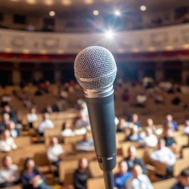 A high-resolution ultrarealistic image featuring a detailed digital photograph of a microphone on a stand placed center stage in a large, packed auditorium. The microphone has a golden body with a black head, and is connected to a black cable clipart