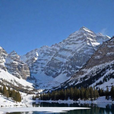 A high-resolution ultrarealistic image of a stunning mountain landscape. This high-quality photograph captures towering, jagged peaks partially covered in snow, with intricate details highlighted by the natural sunlight. The rocky, rugged mountain clipart