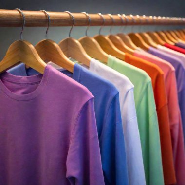 A high-resolution ultrarealistic image depicts a collection of colorful t-shirts neatly hung on wooden hangers, arranged in a gradient from red to purple. This digital artwork captures the vivid vibrancy of each shirt. The hangers are evenly spaced clipart