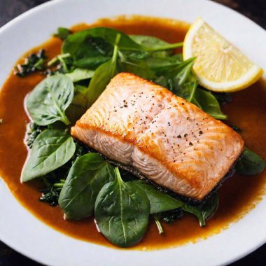 A high-resolution ultrarealistic image of a beautifully plated dish showcasing a perfectly seared salmon fillet. The digital photography captures the golden-brown crust glistening with juices, positioned atop a bed of vibrant wilted spinach. To the clipart