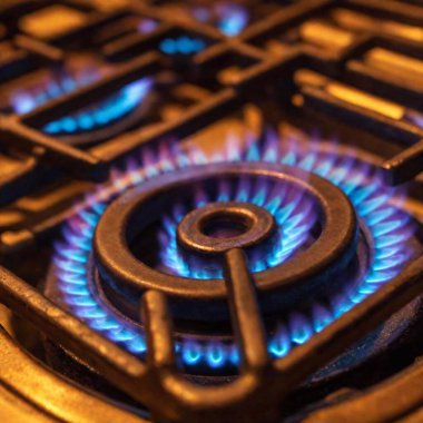 A high-resolution ultrarealistic photo captures the intricate details of blue gas flames emanating from a series of metal gas burners. The image focuses on the repetitive, evenly spaced spiral patterns of the bright blue flames, contrasted by the clipart