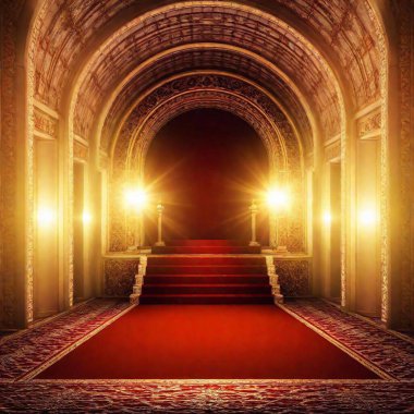 A high-resolution digital artwork depicting a luxurious, glamorous red carpet event. The scene features an opulent red carpet with intricate golden patterns, stretching into the distance under a spectacular ceiling adorned with countless sparkling clipart