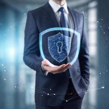 A high-resolution ultrarealistic image of a business professional in a suit, extending their open hand forward. In their hand, a luminescent digital shield icon is superimposed, symbolizing cybersecurity. Ethereal blue network lines and nodes clipart