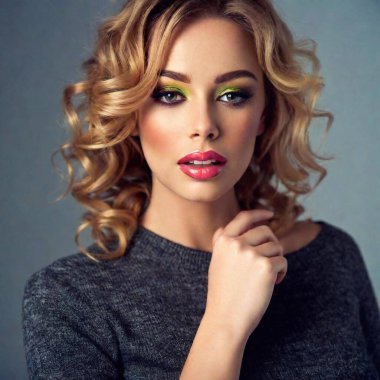 A high-resolution ultrarealistic image featuring a young woman with voluminous, blonde, curly hair against a plain gray background. She has a surprised and intrigued expression, with her green eyes widened and mouth slightly open, revealing perfect clipart