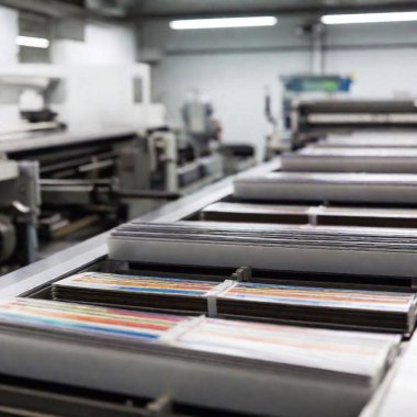 A high-resolution photo captures a modern printing press in the process of producing a stack of colorful printed materials. The scene focuses on the output tray, filled with vividly detailed flyers exhibiting various graphics and text. The metallic clipart