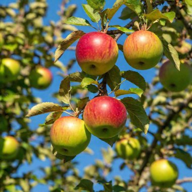 A high-resolution ultrarealistic image captures a vibrant apple cluster hanging from a tree. The digital artwork showcases six ripe, red, and yellow apples, each with a smooth, glossy surface and subtle variations in color. The apples are surrounded clipart